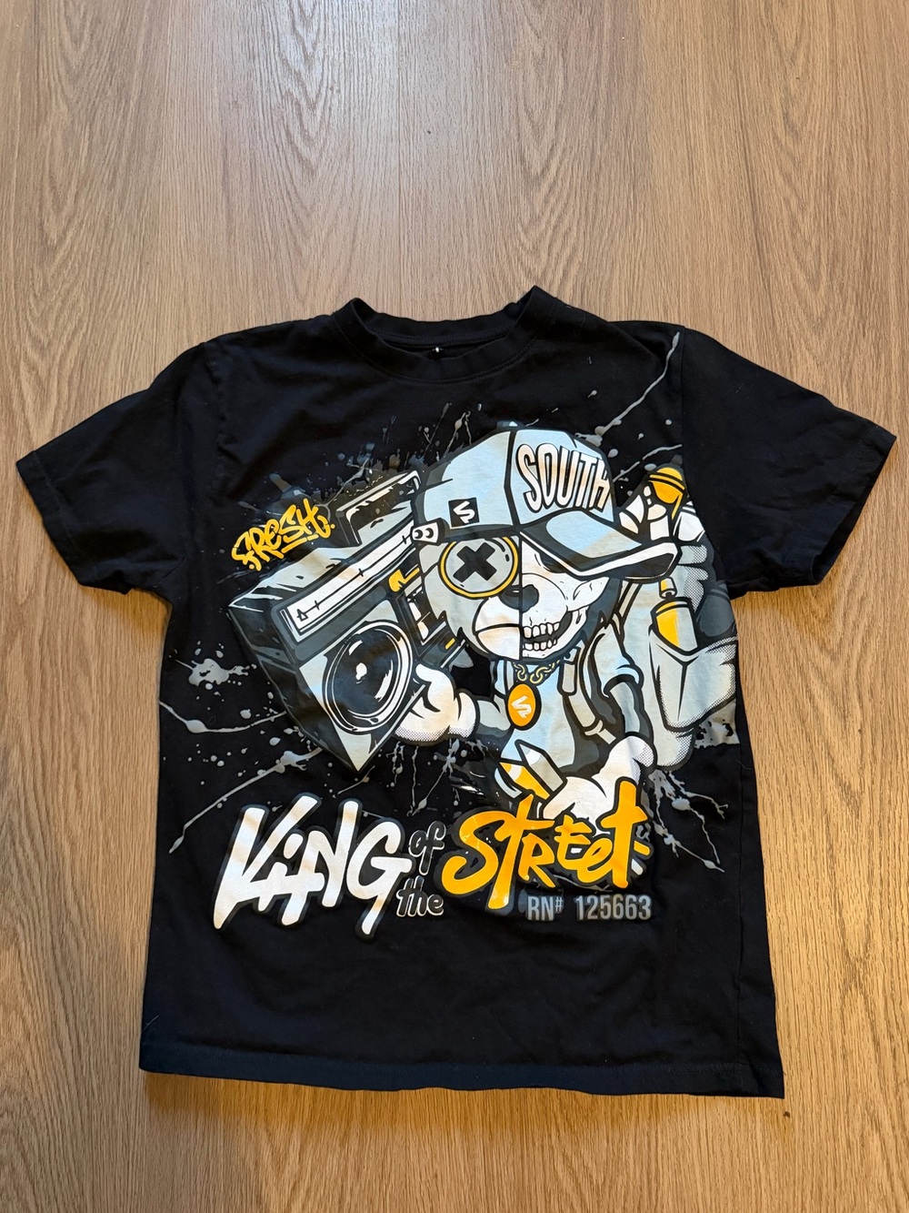 South Pole Black Tee with Yellow and Gray Street Art Graphic